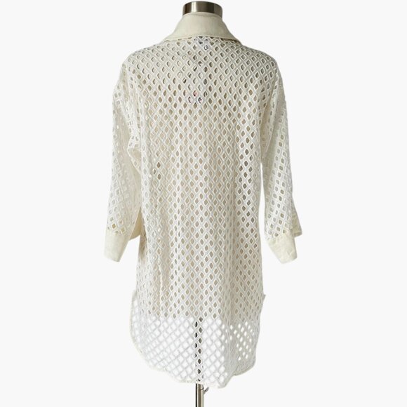 Agua Bendita Chrissy Kai Eyelet Cover Up Shirt S Ivory Sequin Embroidered - Picture 6 of 8